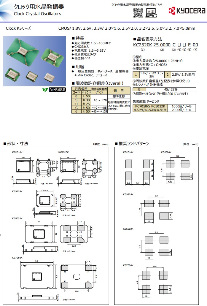 KC2016K，KC3225K,KC5032K,KC7050K規(guī)格